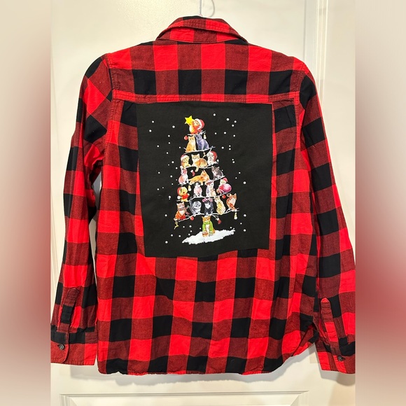 Christmas CATS tree upcycled flannel shirt medium - Picture 1 of 4